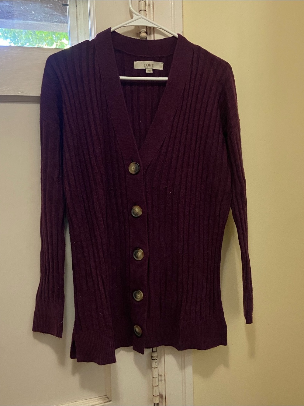 LOFT Plum Ribbed V-Neck Button Cardigan